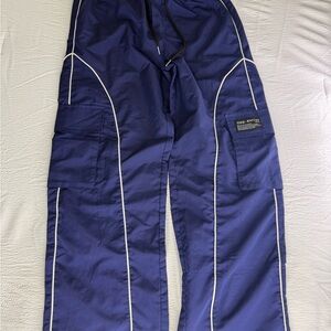 ONE-8TTE Men's Blue Track Pants Size L 100% Polyester White Piping Cargo Pockets